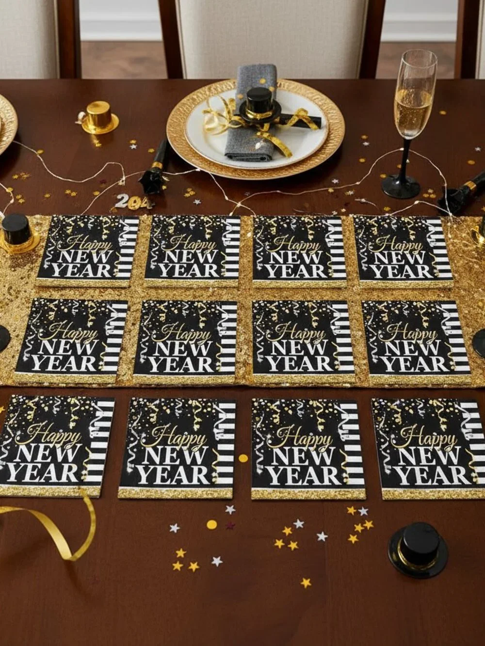 Forum Novelties Happy New Year Beverage Napkins 16ct - Black Gold 5x5